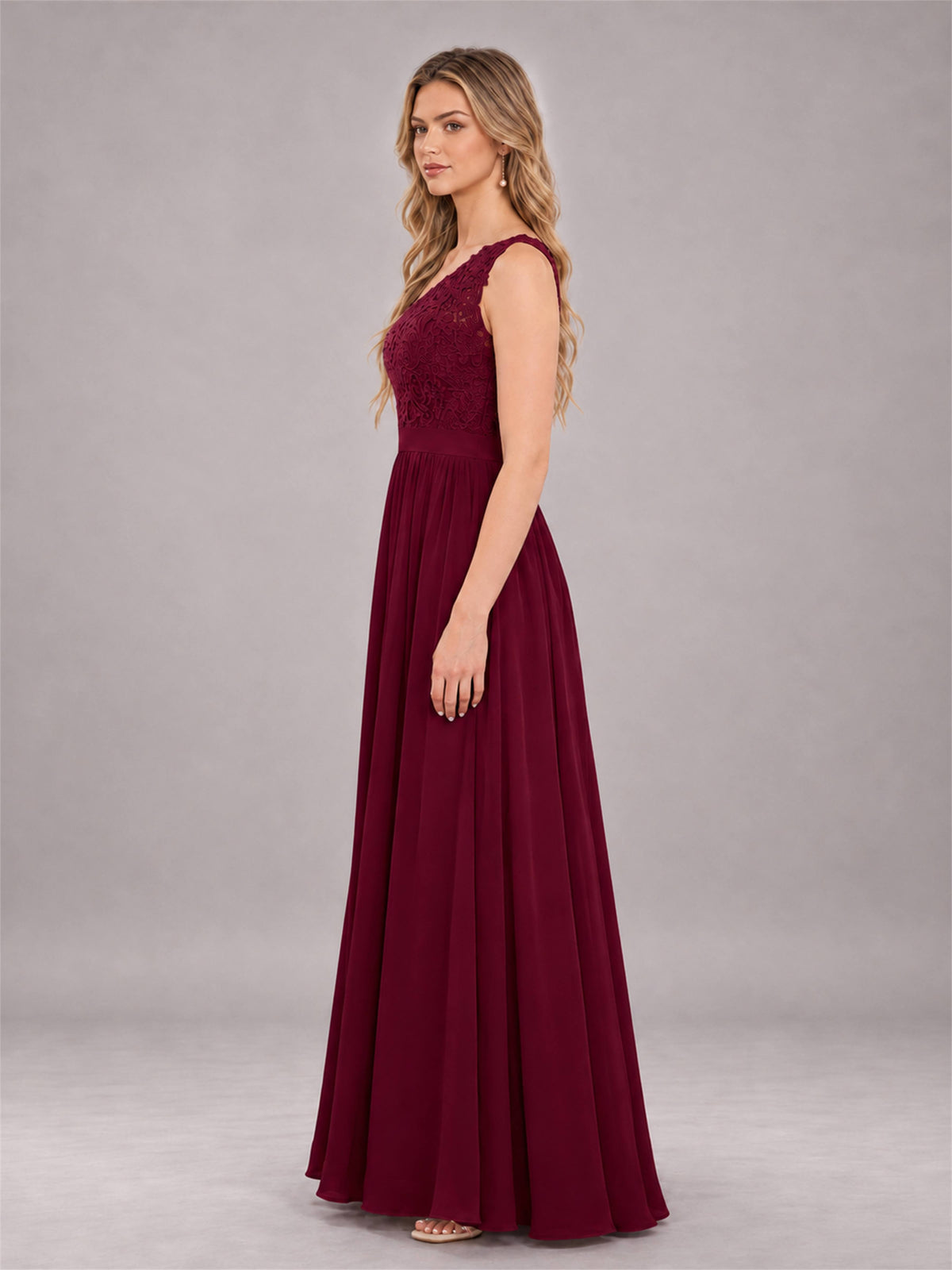 Burgundy Trendy Lace Appliques One Shoulder Chiffon Bridesmaid Dress With Pockets