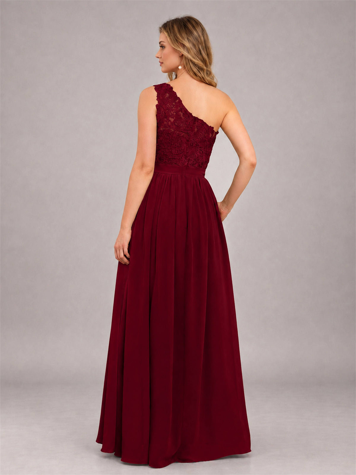 Burgundy Trendy Lace Appliques One Shoulder Chiffon Bridesmaid Dress With Pockets