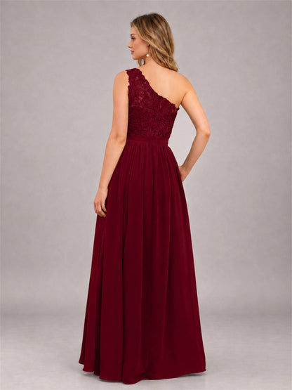 Burgundy Trendy Lace Appliques One Shoulder Chiffon Bridesmaid Dress With Pockets