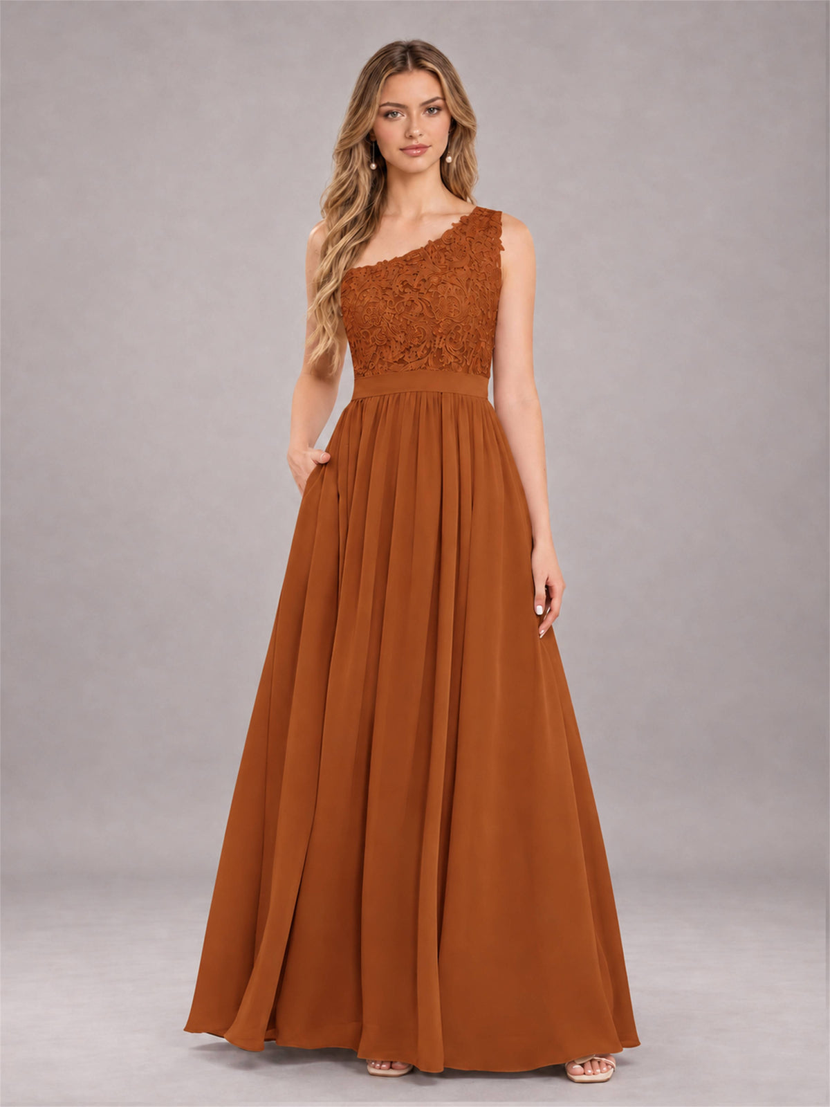 Burnt Orange Trendy Lace Appliques One Shoulder Chiffon Bridesmaid Dress With Pockets