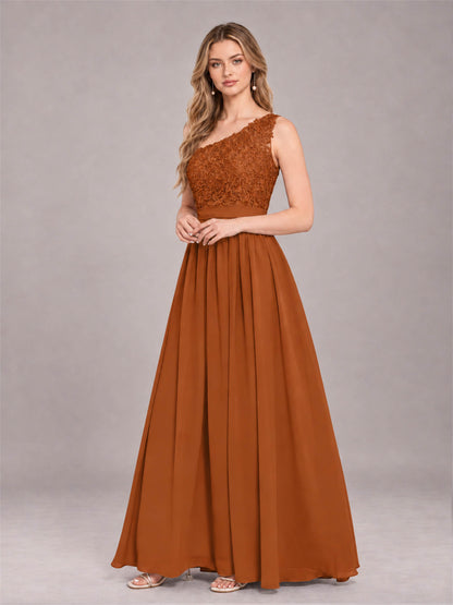 Burnt Orange Trendy Lace Appliques One Shoulder Chiffon Bridesmaid Dress With Pockets