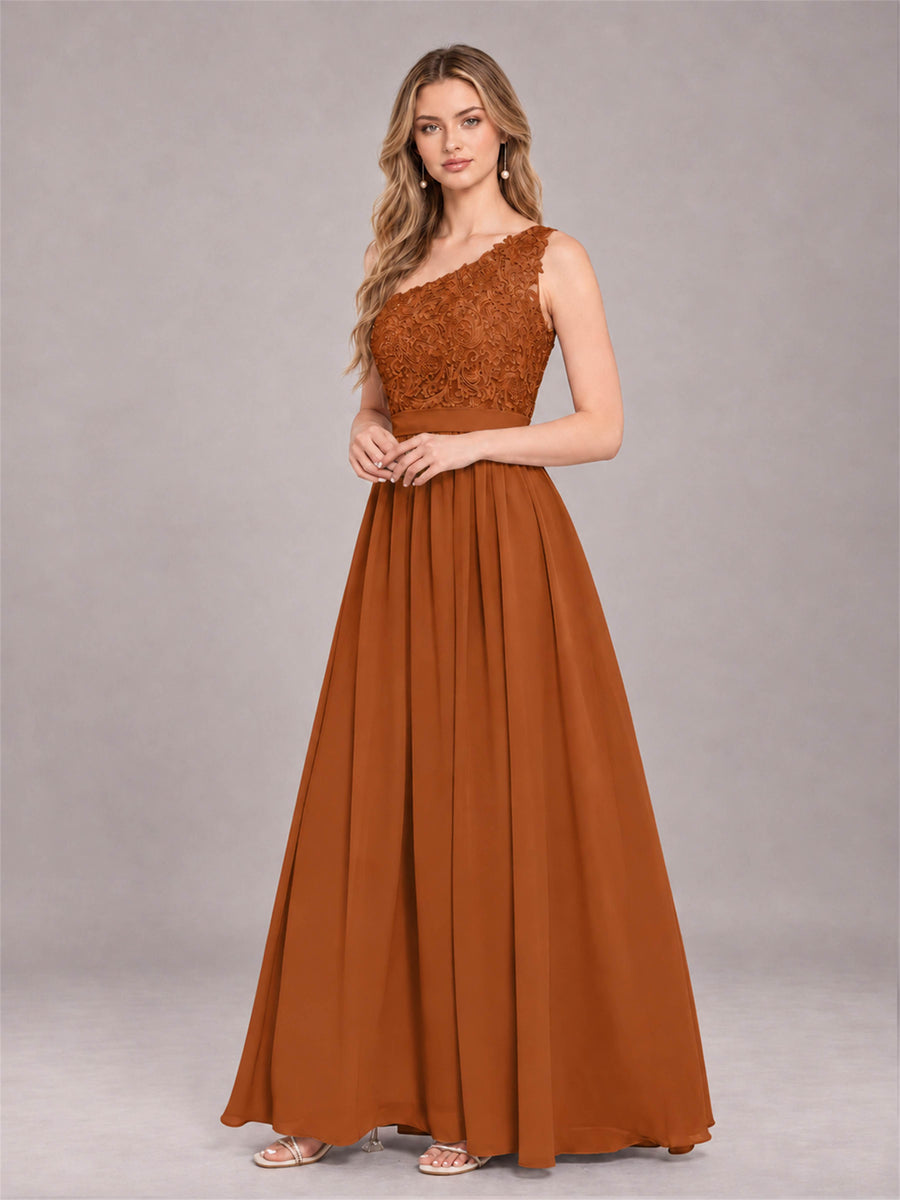 Burnt Orange Trendy Lace Appliques One Shoulder Chiffon Bridesmaid Dress With Pockets