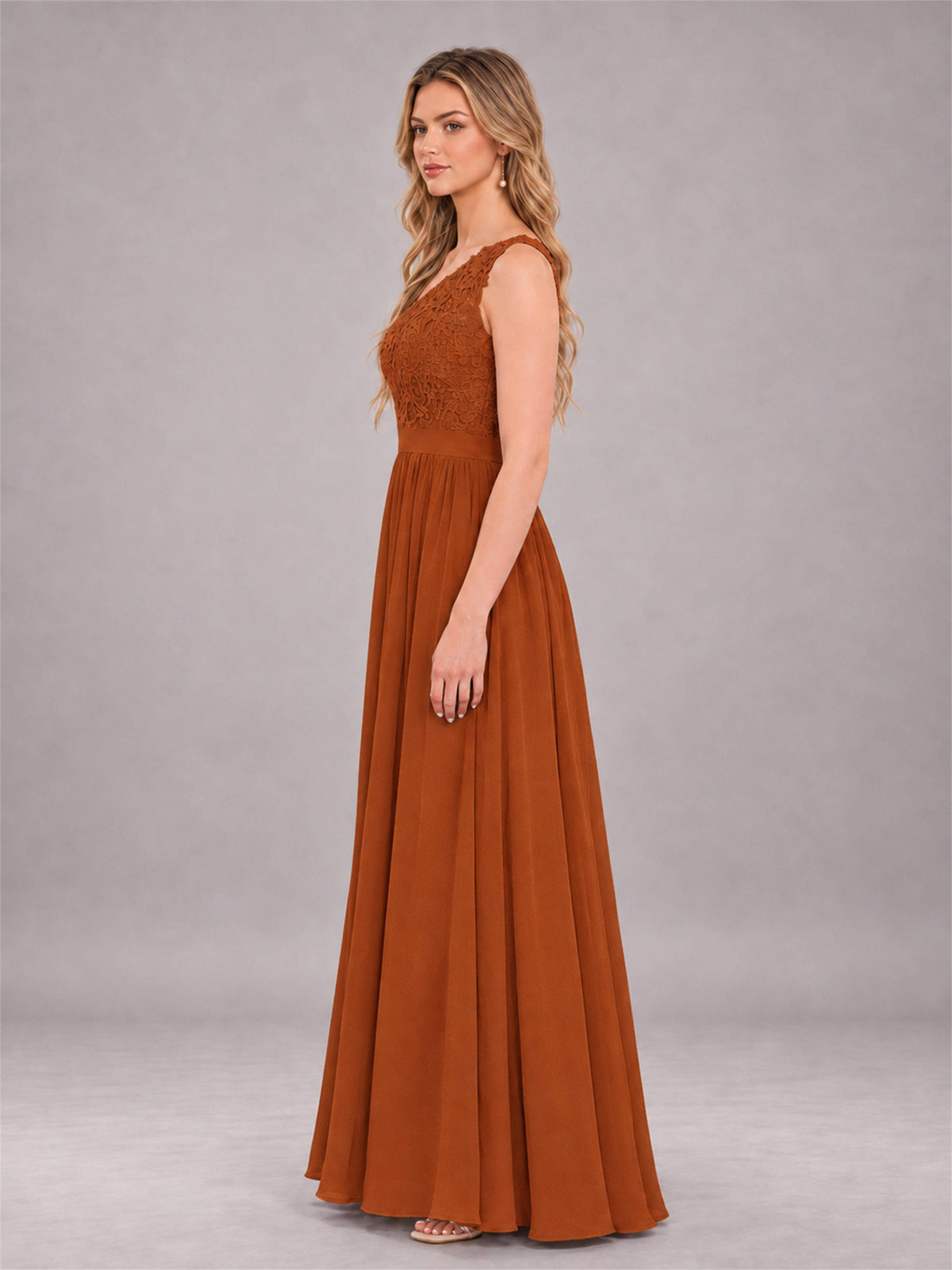 Burnt Orange Trendy Lace Appliques One Shoulder Chiffon Bridesmaid Dress With Pockets