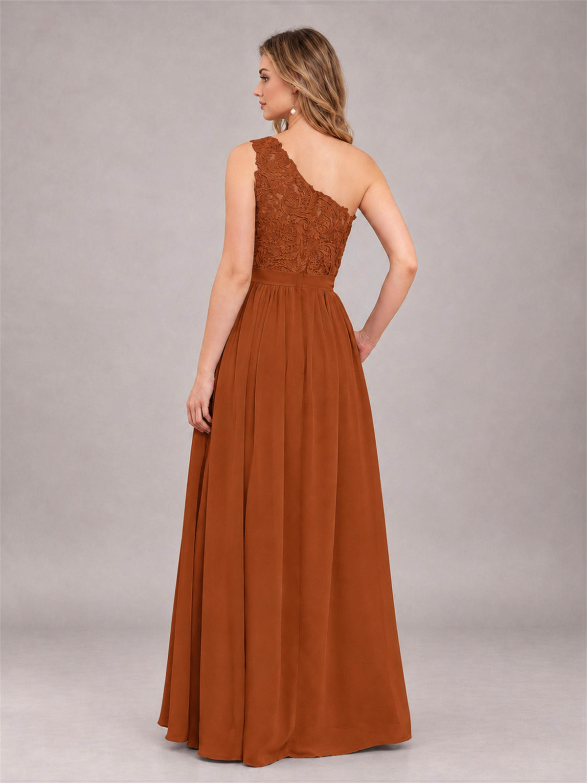 Burnt Orange Trendy Lace Appliques One Shoulder Chiffon Bridesmaid Dress With Pockets