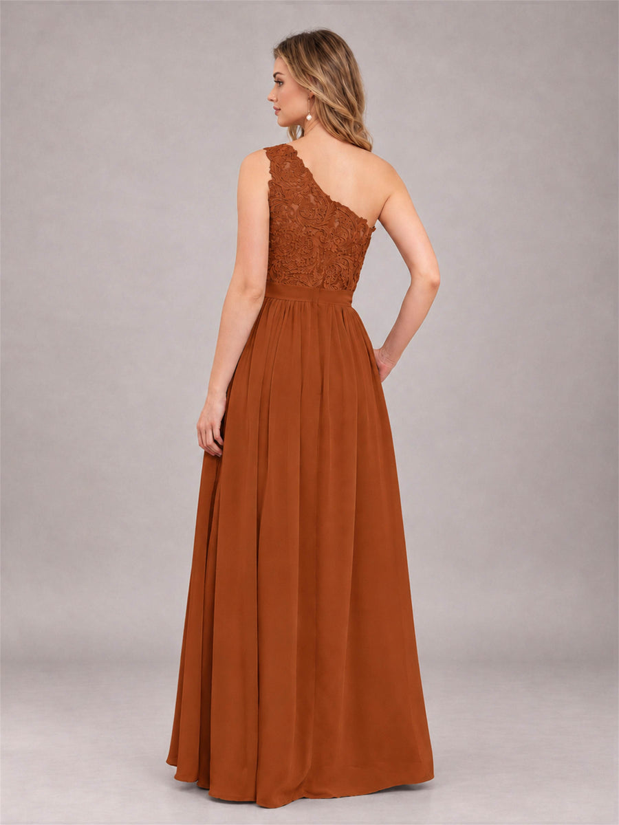 Burnt Orange Trendy Lace Appliques One Shoulder Chiffon Bridesmaid Dress With Pockets