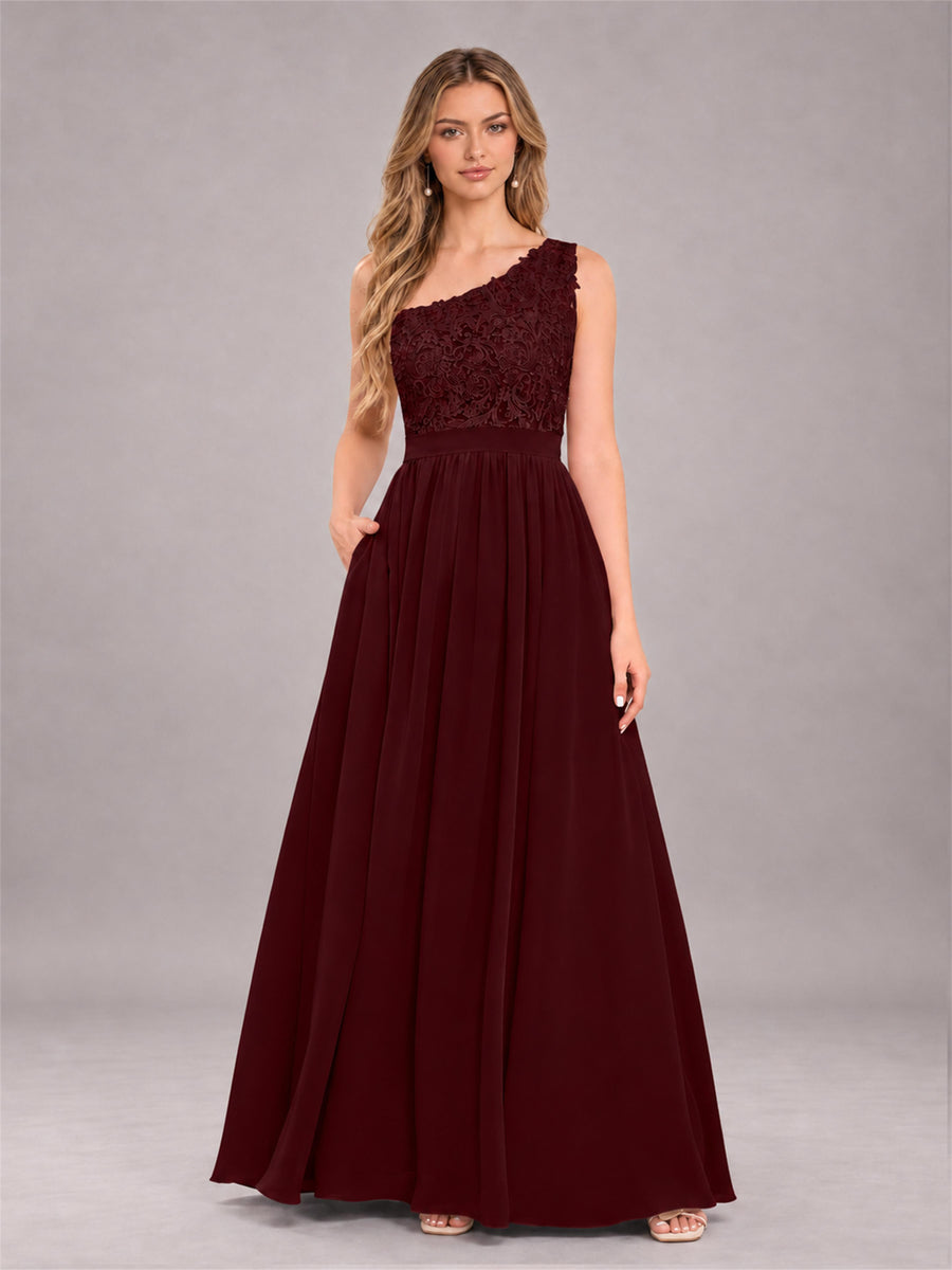 Cabernet Trendy Lace Appliques One Shoulder Chiffon Bridesmaid Dress With Pockets