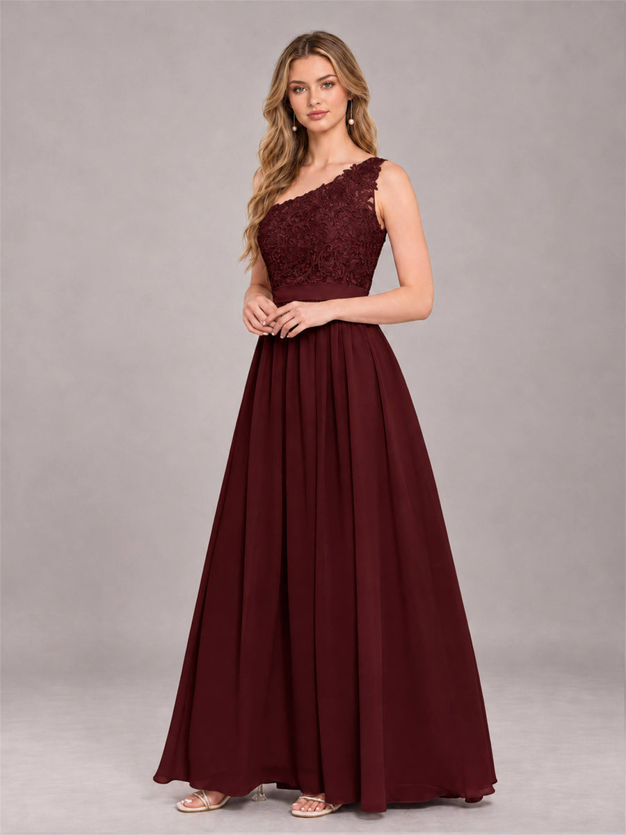Cabernet Trendy Lace Appliques One Shoulder Chiffon Bridesmaid Dress With Pockets