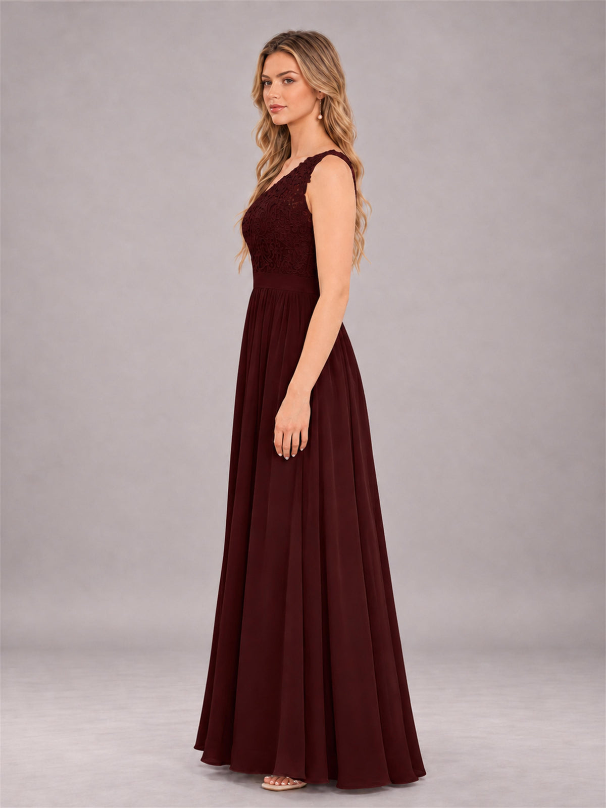 Cabernet Trendy Lace Appliques One Shoulder Chiffon Bridesmaid Dress With Pockets
