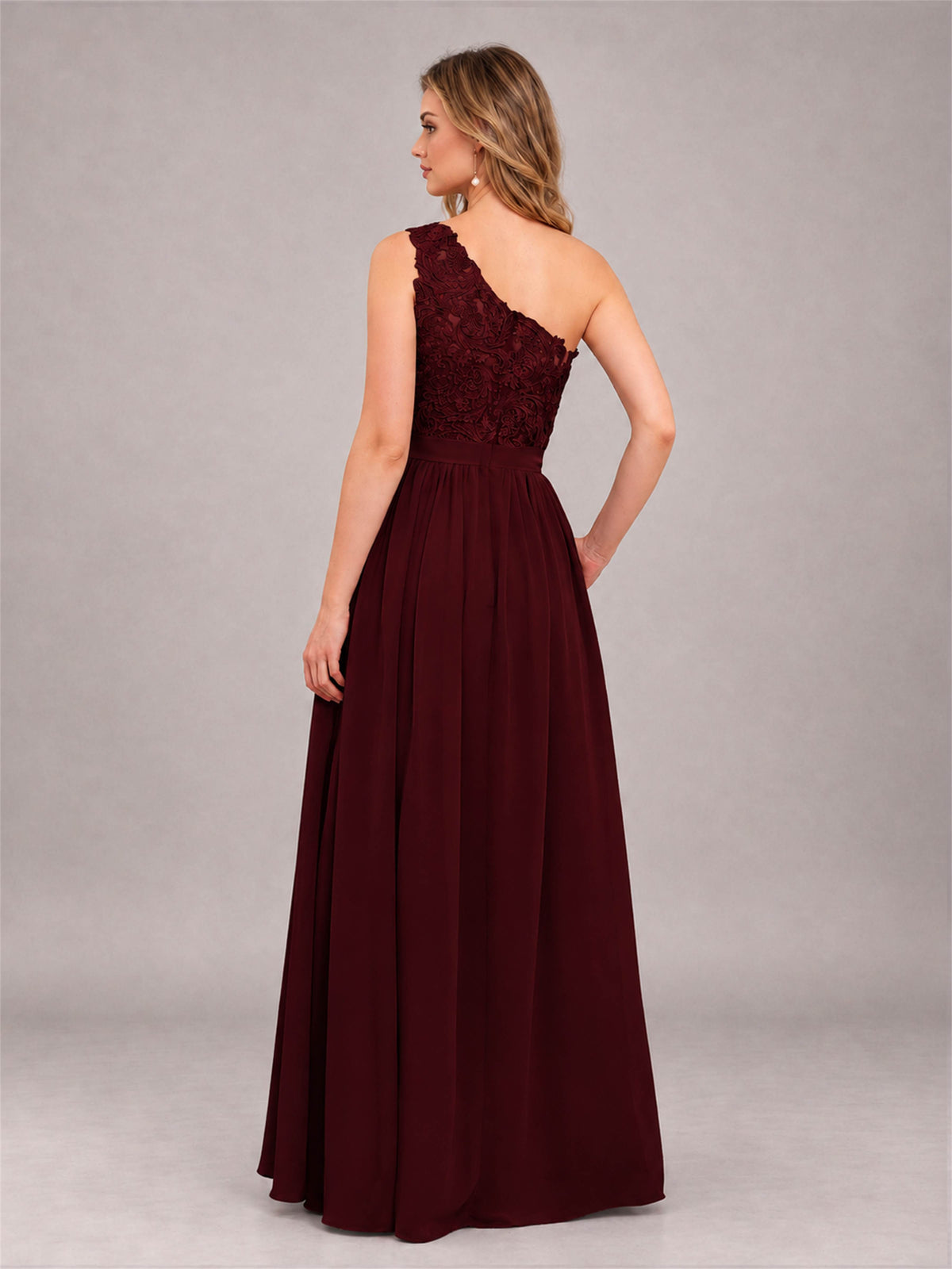 Cabernet Trendy Lace Appliques One Shoulder Chiffon Bridesmaid Dress With Pockets