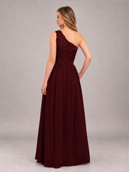 Cabernet Trendy Lace Appliques One Shoulder Chiffon Bridesmaid Dress With Pockets