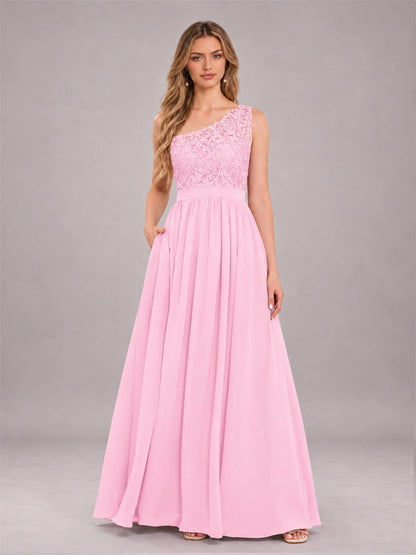 Candy Pink Trendy Lace Appliques One Shoulder Chiffon Bridesmaid Dress With Pockets