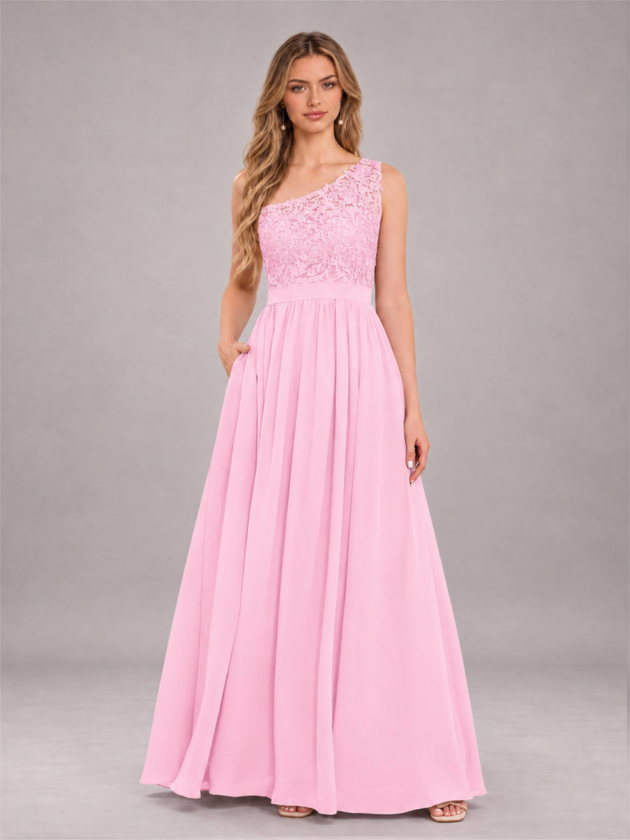 Candy Pink Trendy Lace Appliques One Shoulder Chiffon Bridesmaid Dress With Pockets
