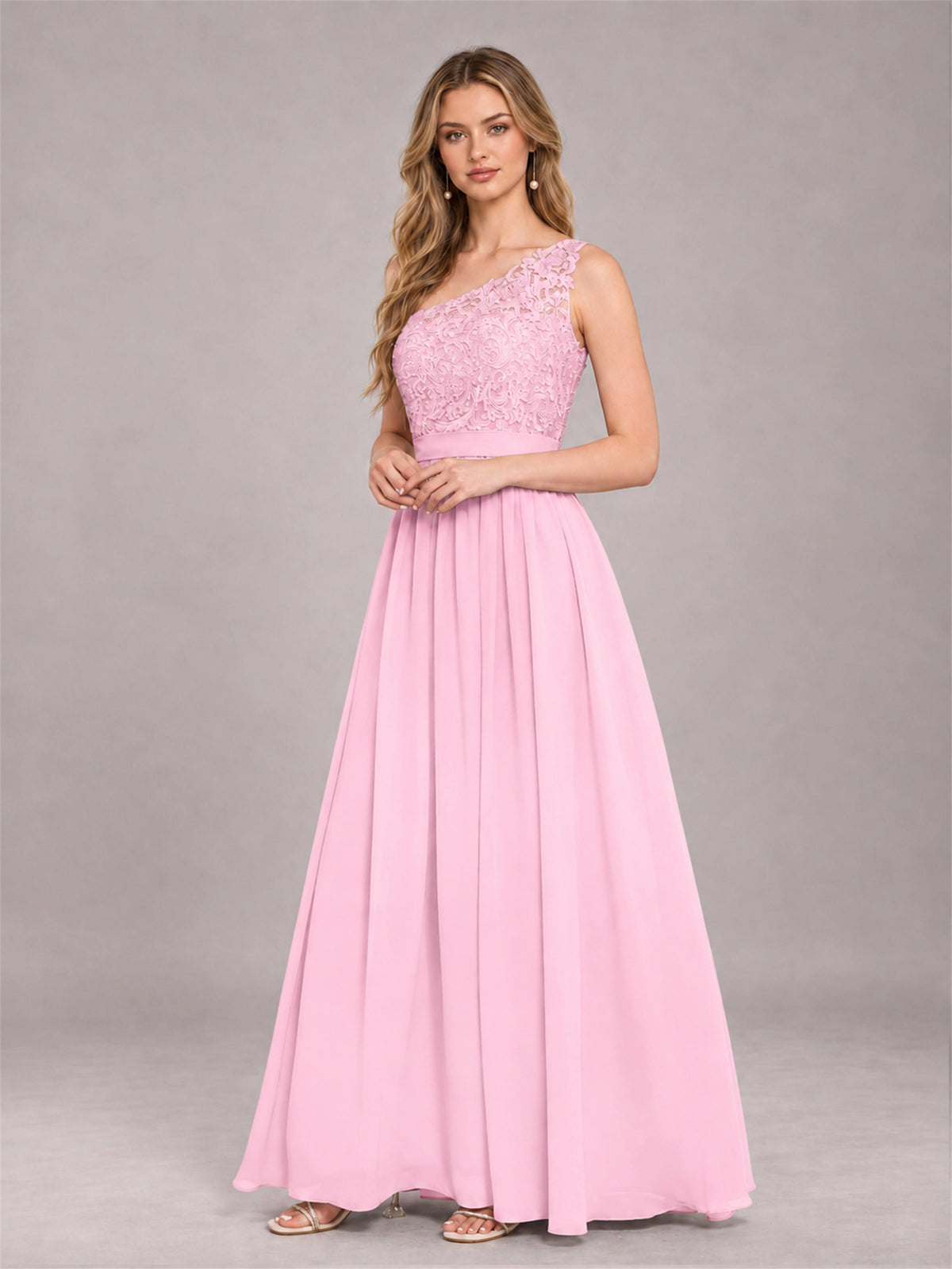 Candy Pink Trendy Lace Appliques One Shoulder Chiffon Bridesmaid Dress With Pockets