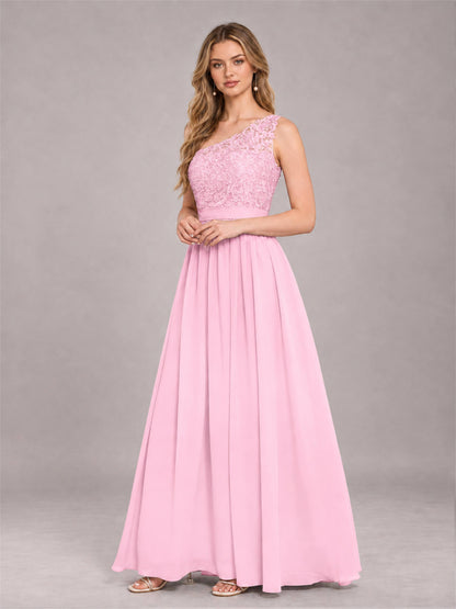 Candy Pink Trendy Lace Appliques One Shoulder Chiffon Bridesmaid Dress With Pockets