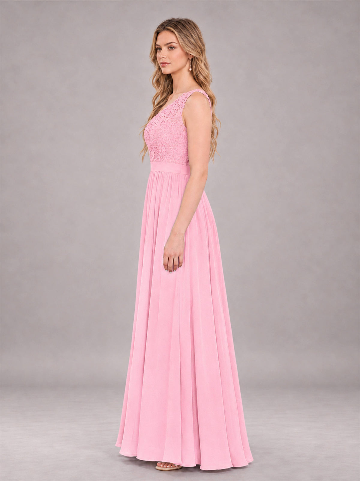 Candy Pink Trendy Lace Appliques One Shoulder Chiffon Bridesmaid Dress With Pockets