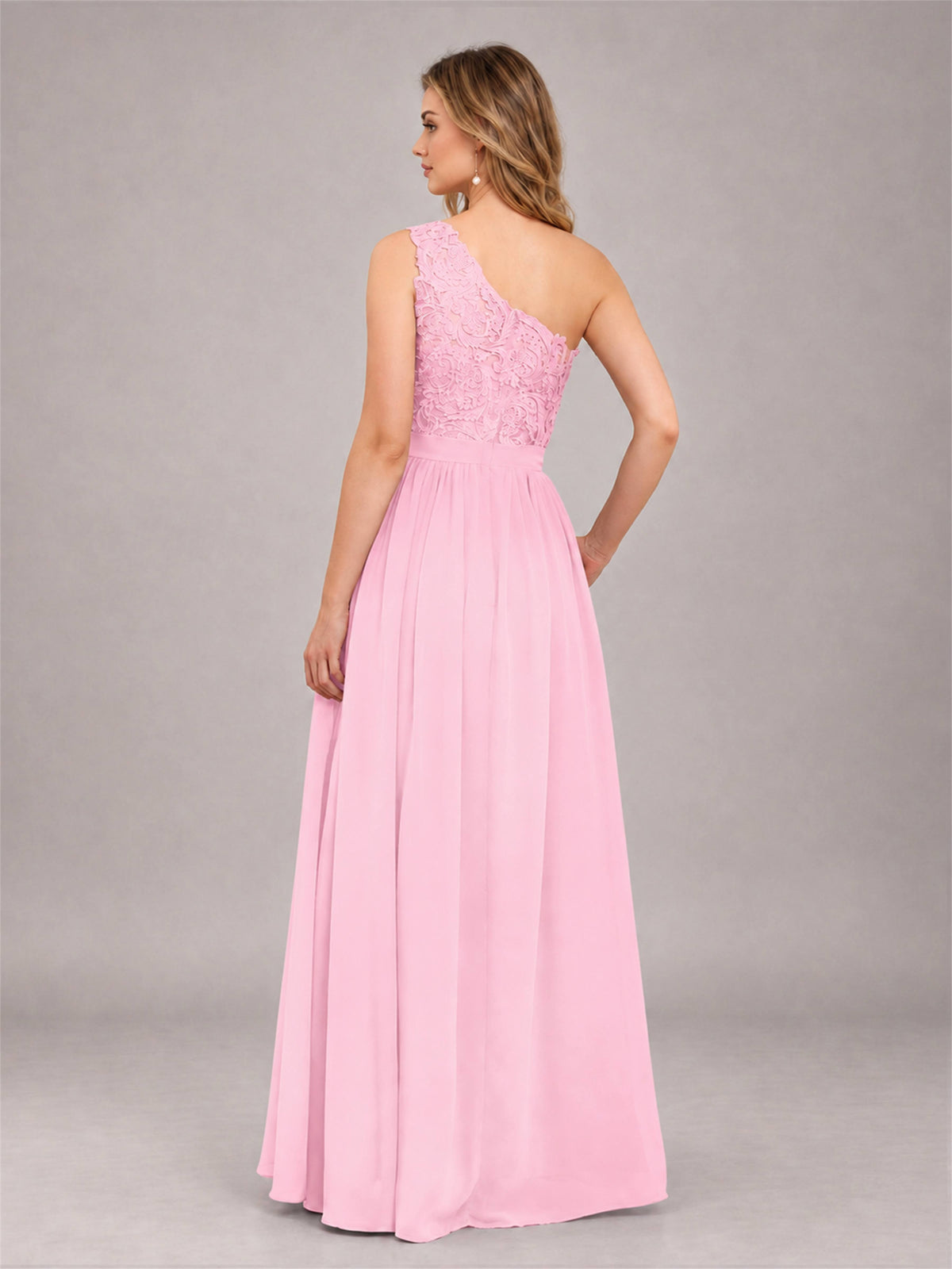 Candy Pink Trendy Lace Appliques One Shoulder Chiffon Bridesmaid Dress With Pockets