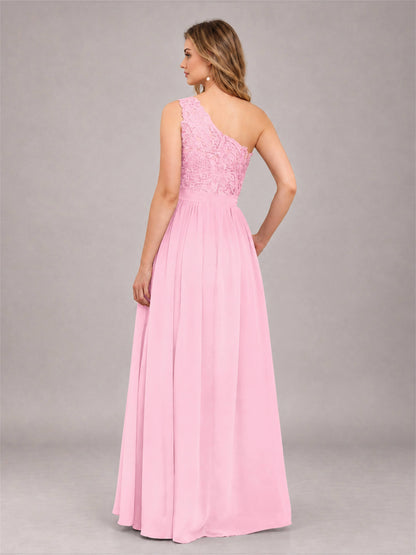 Candy Pink Trendy Lace Appliques One Shoulder Chiffon Bridesmaid Dress With Pockets