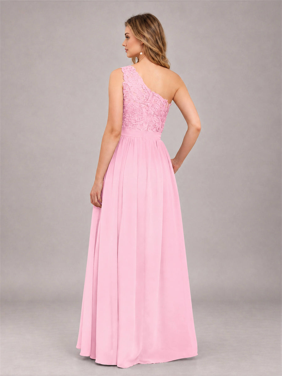 Candy Pink Trendy Lace Appliques One Shoulder Chiffon Bridesmaid Dress With Pockets