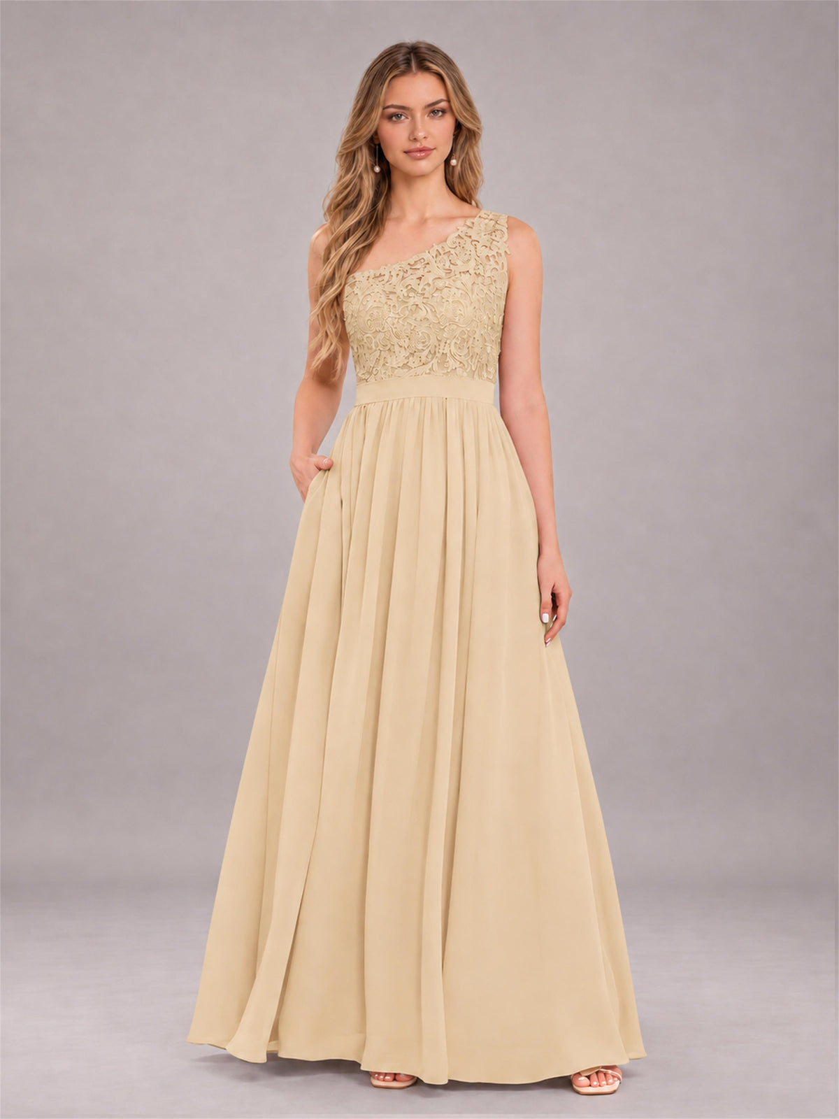 Champagne Trendy Lace Appliques One Shoulder Chiffon Bridesmaid Dress With Pockets