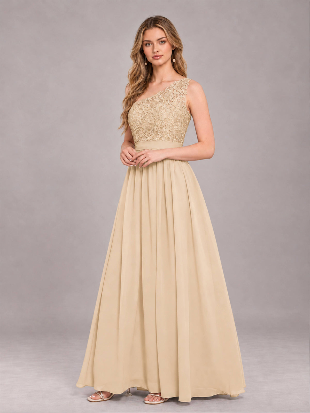 Champagne Trendy Lace Appliques One Shoulder Chiffon Bridesmaid Dress With Pockets