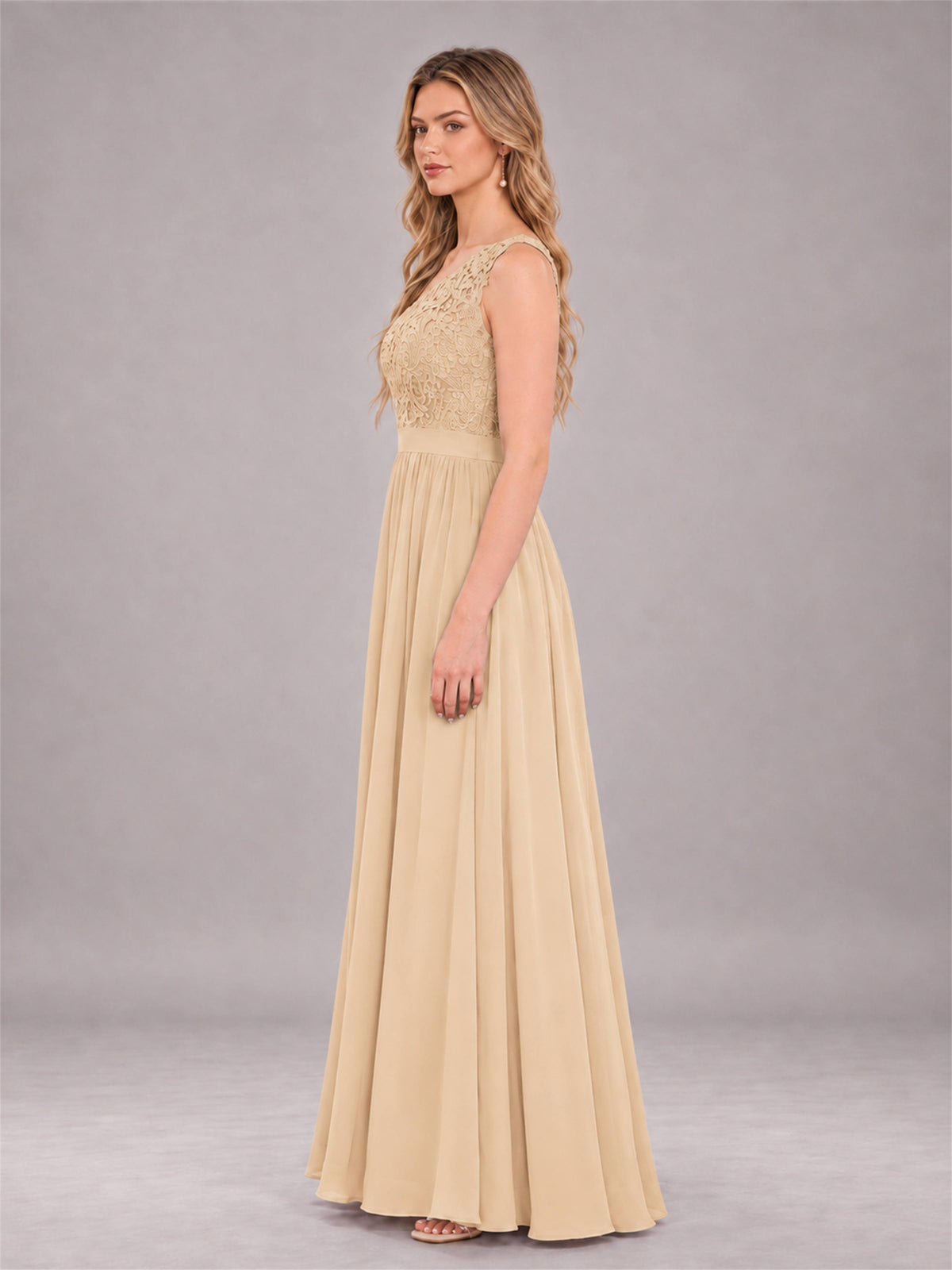 Champagne Trendy Lace Appliques One Shoulder Chiffon Bridesmaid Dress With Pockets