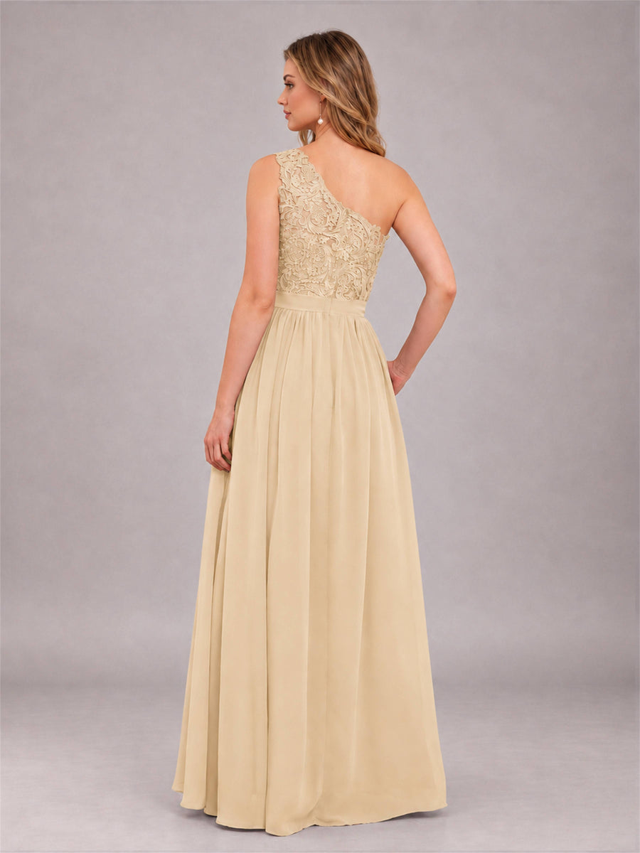 Champagne Trendy Lace Appliques One Shoulder Chiffon Bridesmaid Dress With Pockets
