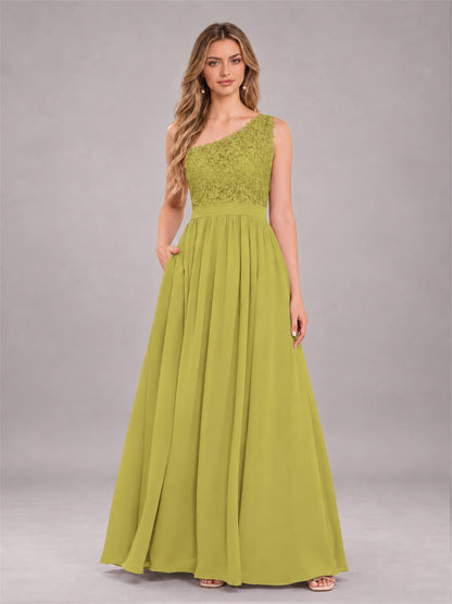 Chartreuse Trendy Lace Appliques One Shoulder Chiffon Bridesmaid Dress With Pockets