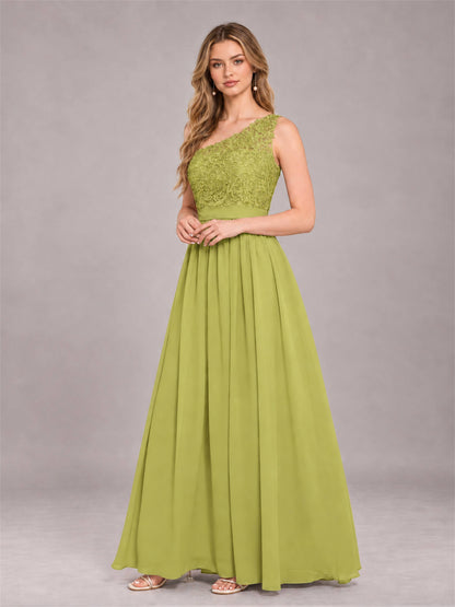 Chartreuse Trendy Lace Appliques One Shoulder Chiffon Bridesmaid Dress With Pockets