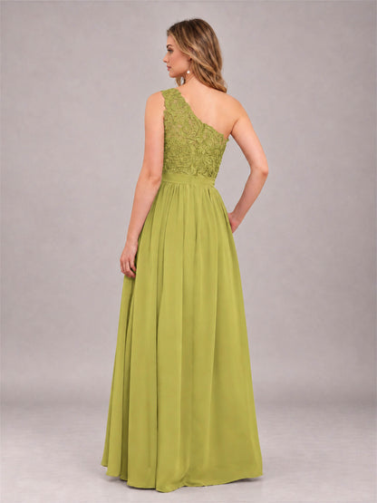 Chartreuse Trendy Lace Appliques One Shoulder Chiffon Bridesmaid Dress With Pockets