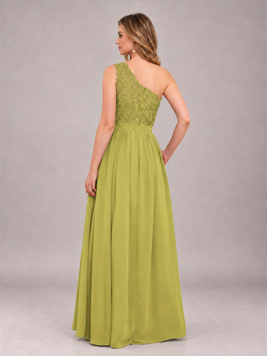 Chartreuse Trendy Lace Appliques One Shoulder Chiffon Bridesmaid Dress With Pockets
