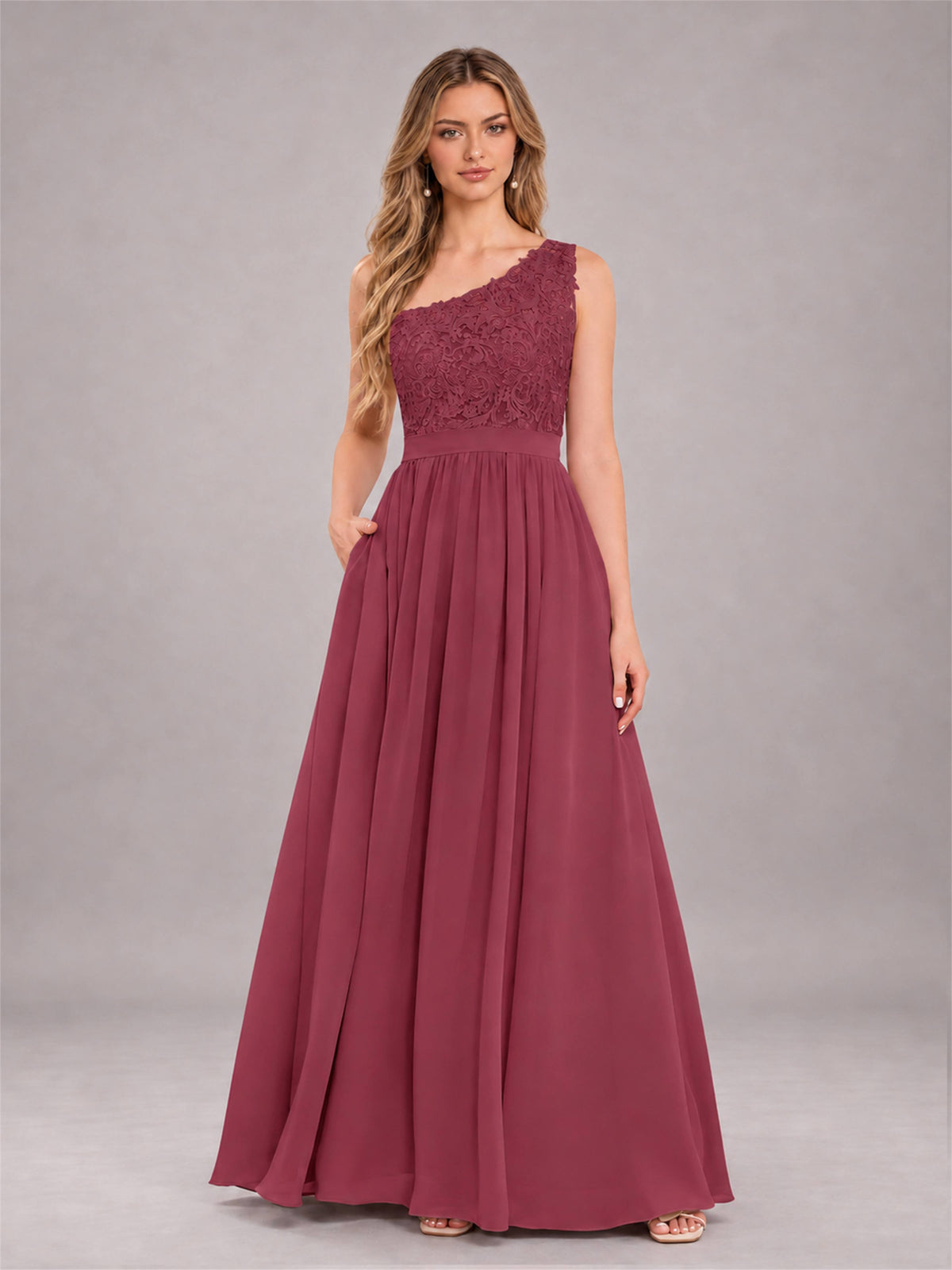Cinnamon Rose Trendy Lace Appliques One Shoulder Chiffon Bridesmaid Dress With Pockets