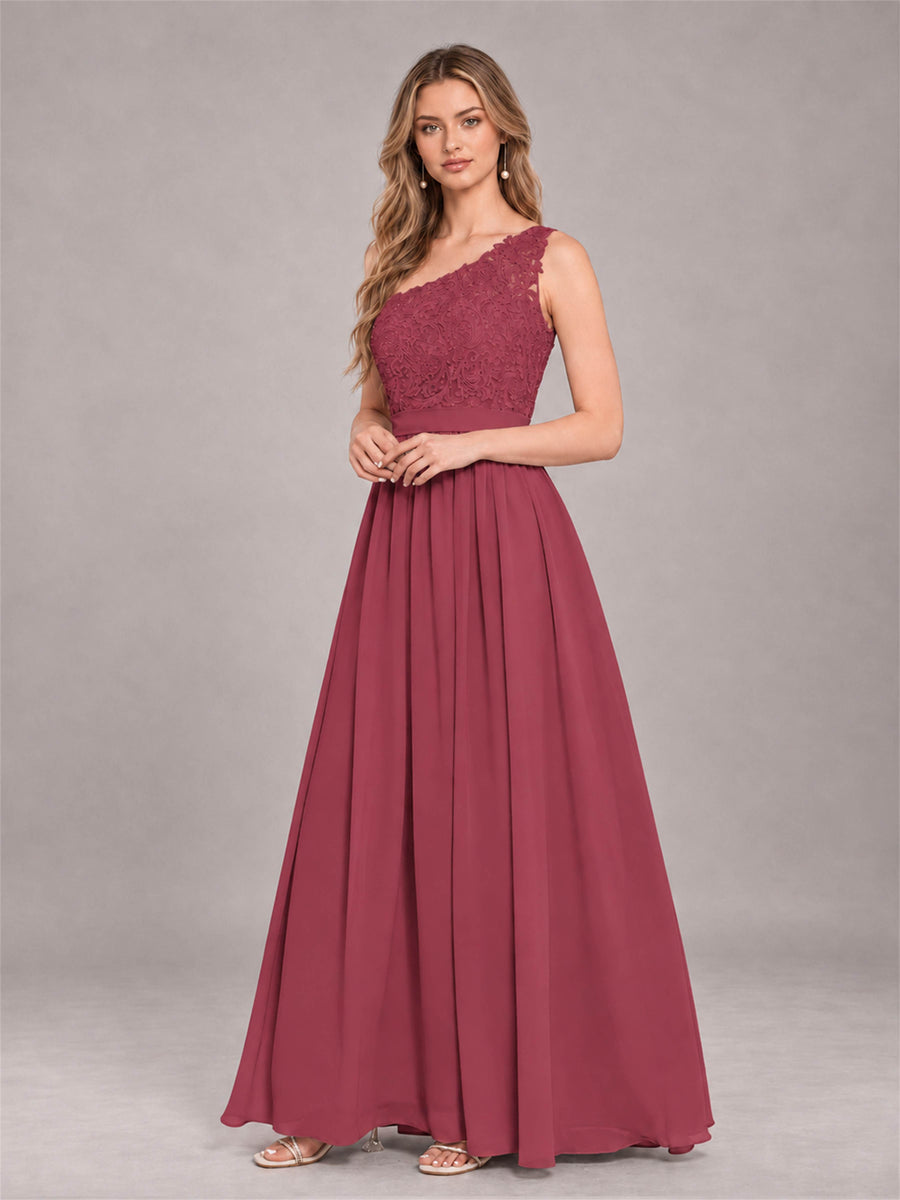 Cinnamon Rose Trendy Lace Appliques One Shoulder Chiffon Bridesmaid Dress With Pockets