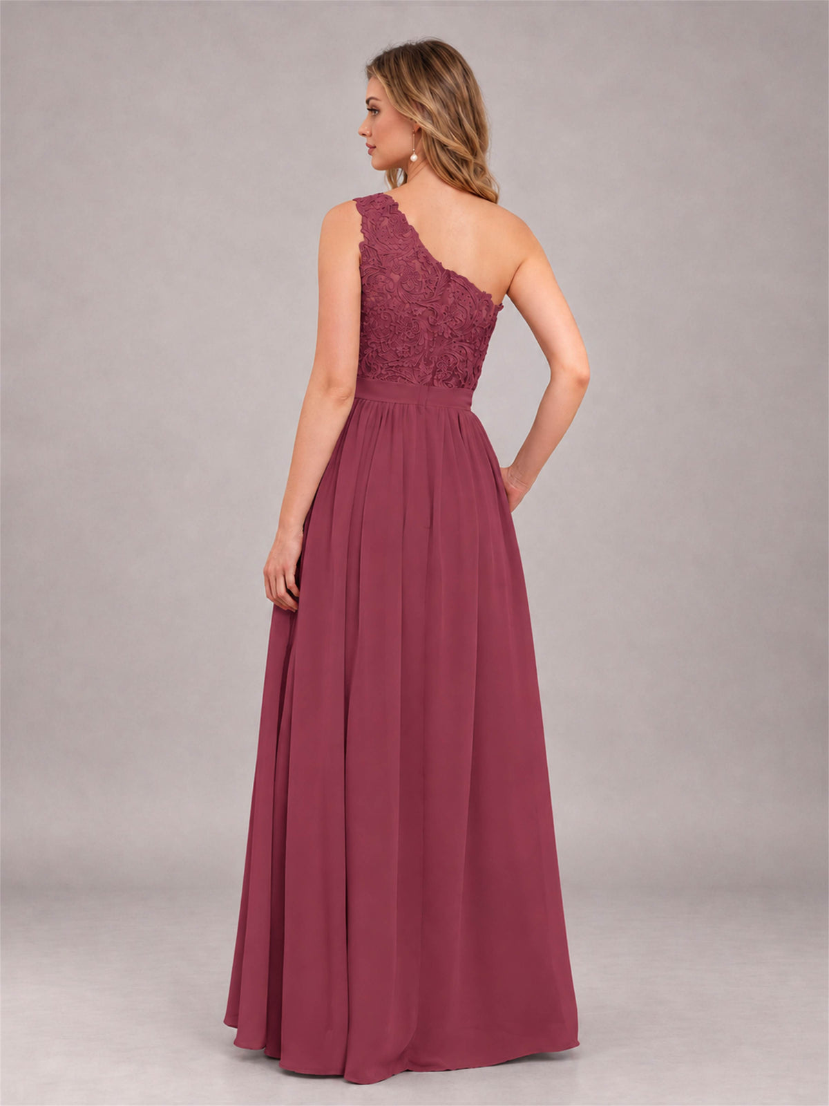 Cinnamon Rose Trendy Lace Appliques One Shoulder Chiffon Bridesmaid Dress With Pockets