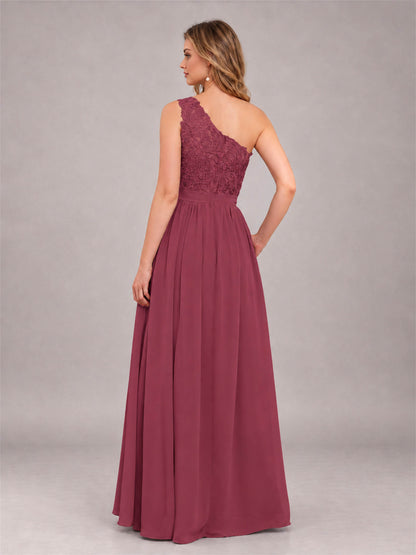 Cinnamon Rose Trendy Lace Appliques One Shoulder Chiffon Bridesmaid Dress With Pockets