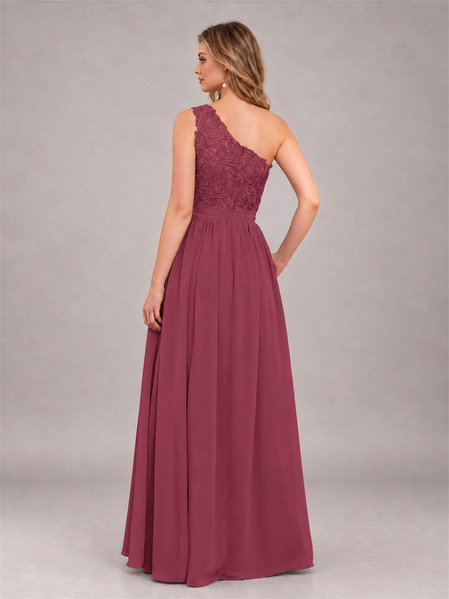 Cinnamon Rose Trendy Lace Appliques One Shoulder Chiffon Bridesmaid Dress With Pockets