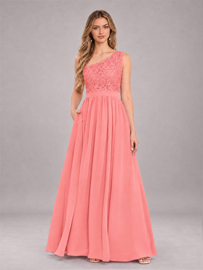 Coral Trendy Lace Appliques One Shoulder Chiffon Bridesmaid Dress With Pockets