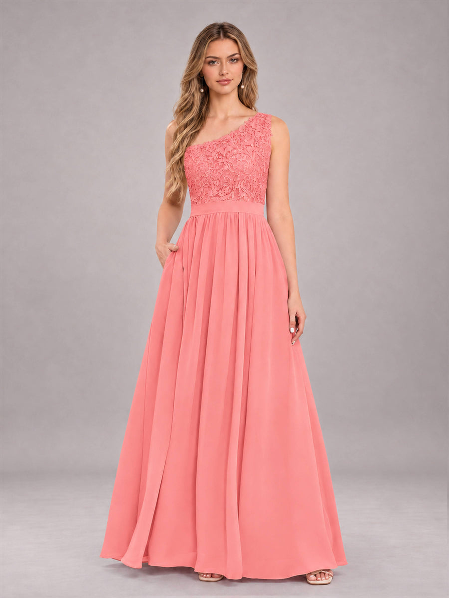 Coral Trendy Lace Appliques One Shoulder Chiffon Bridesmaid Dress With Pockets