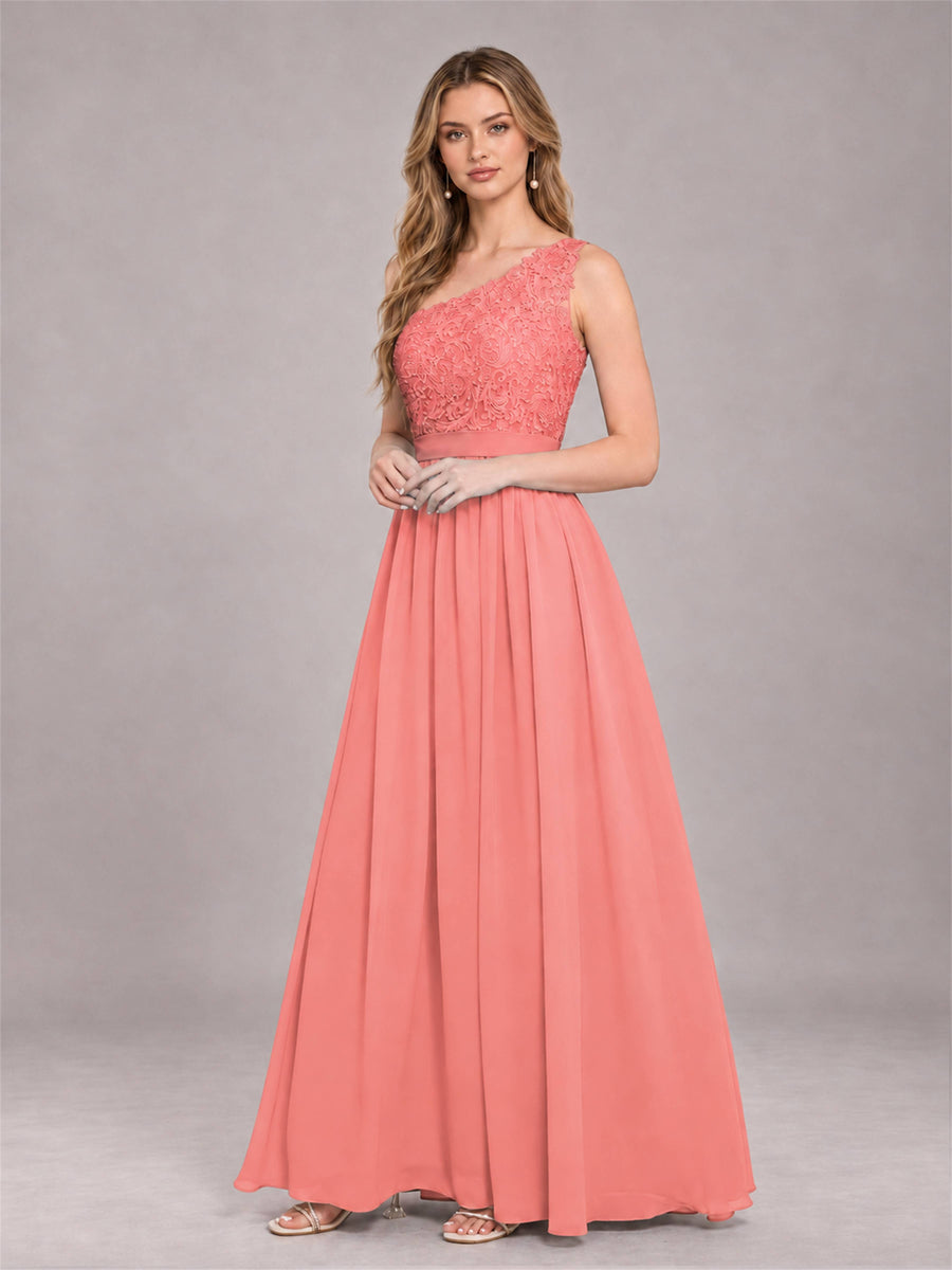 Coral Trendy Lace Appliques One Shoulder Chiffon Bridesmaid Dress With Pockets