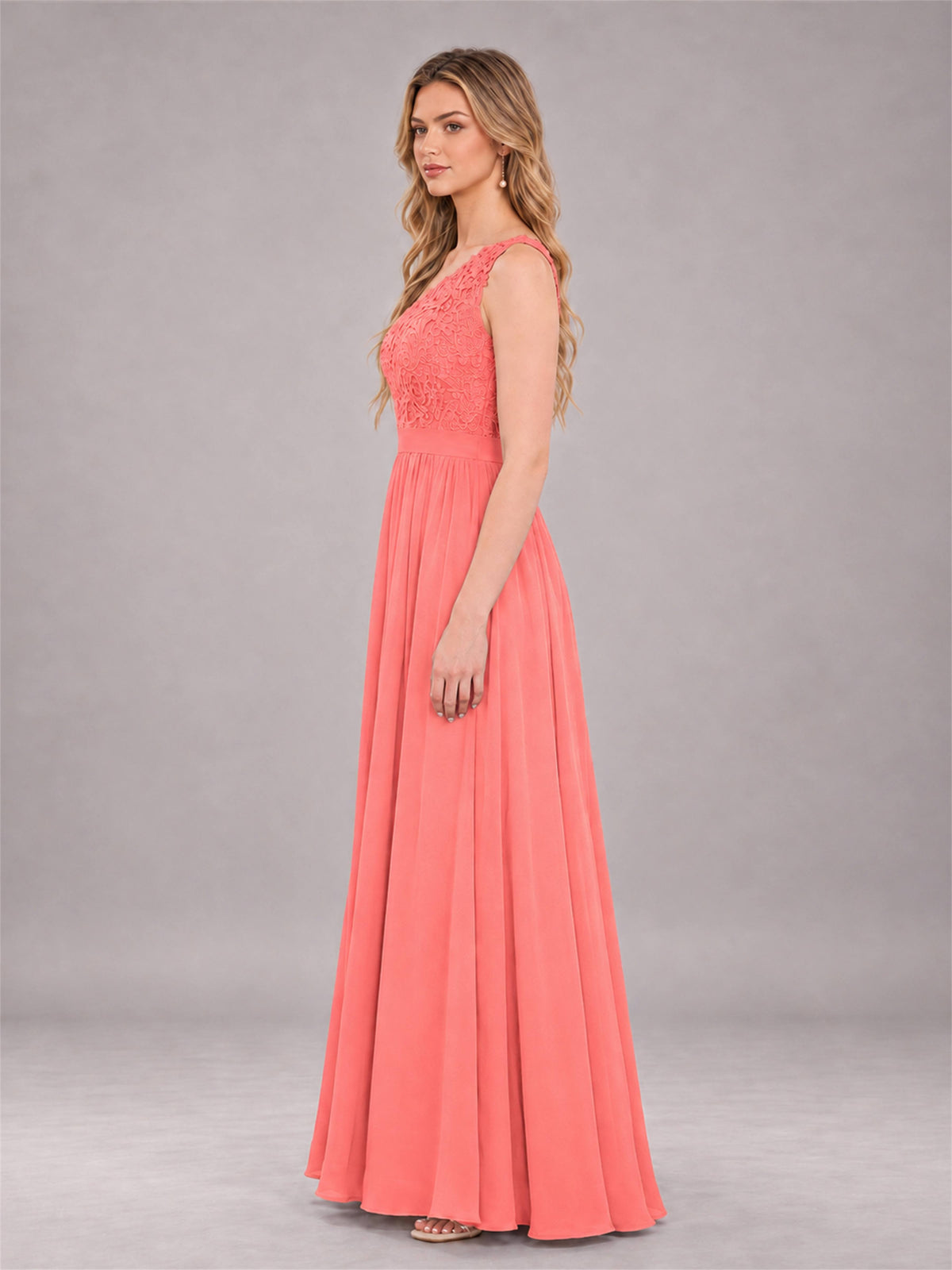 Coral Trendy Lace Appliques One Shoulder Chiffon Bridesmaid Dress With Pockets