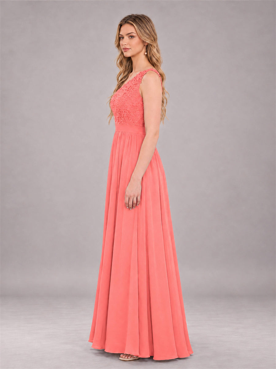 Coral Trendy Lace Appliques One Shoulder Chiffon Bridesmaid Dress With Pockets