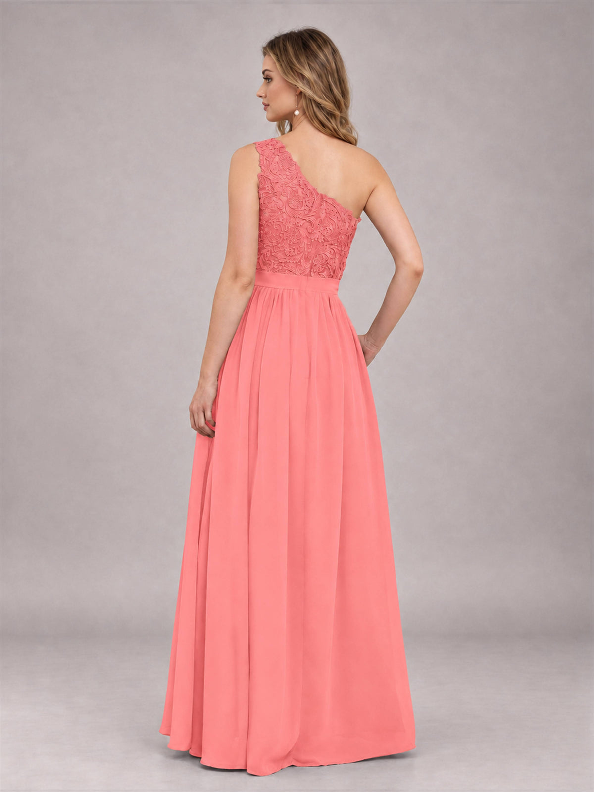 Coral Trendy Lace Appliques One Shoulder Chiffon Bridesmaid Dress With Pockets