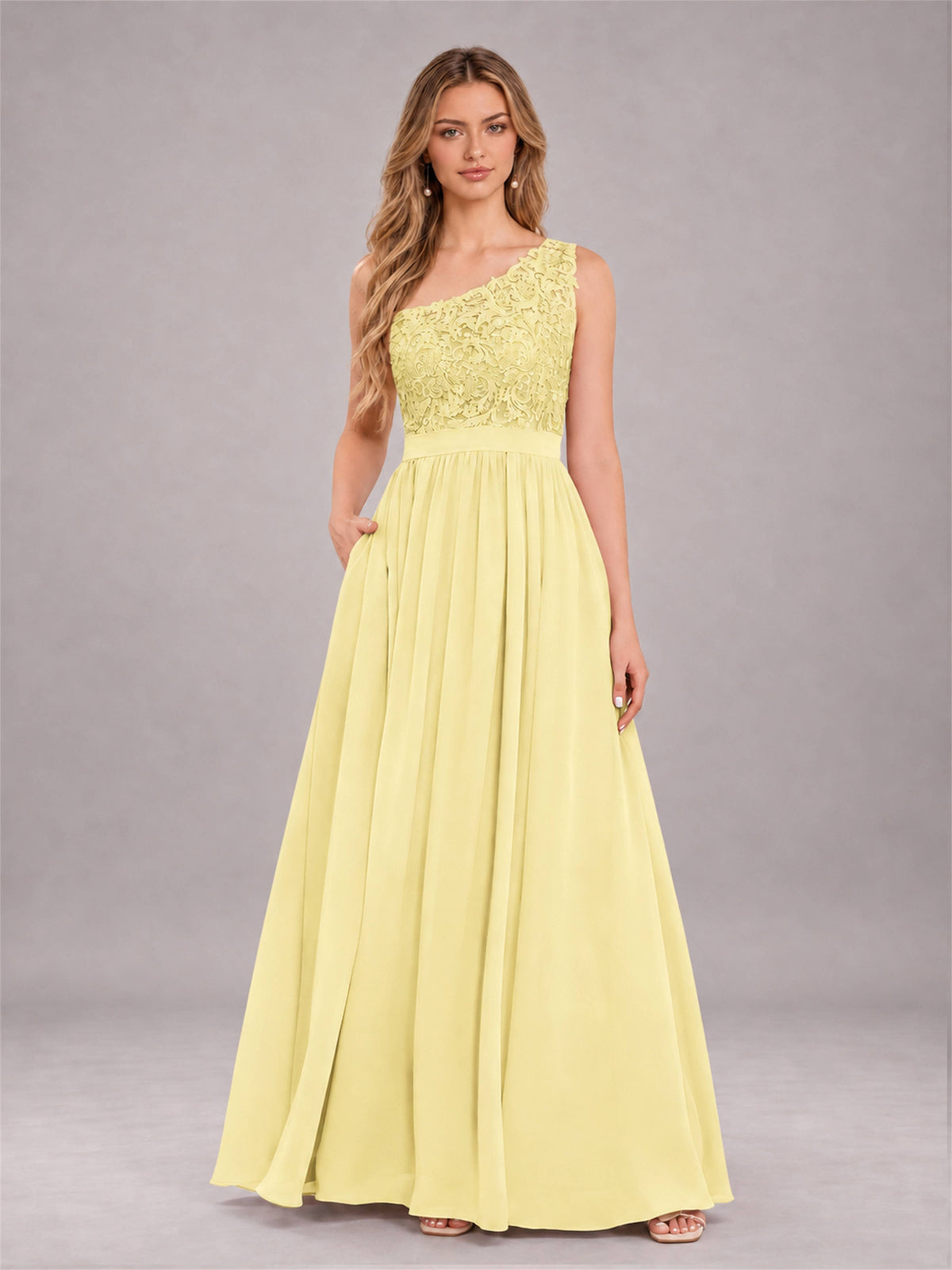 Daffodil Trendy Lace Appliques One Shoulder Chiffon Bridesmaid Dress With Pockets