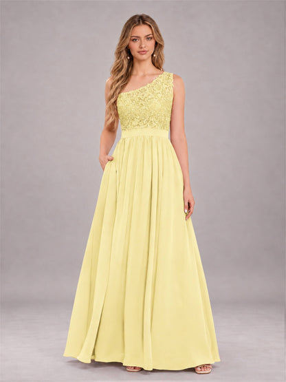 Daffodil Trendy Lace Appliques One Shoulder Chiffon Bridesmaid Dress With Pockets