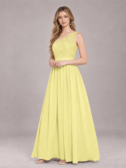 Daffodil Trendy Lace Appliques One Shoulder Chiffon Bridesmaid Dress With Pockets