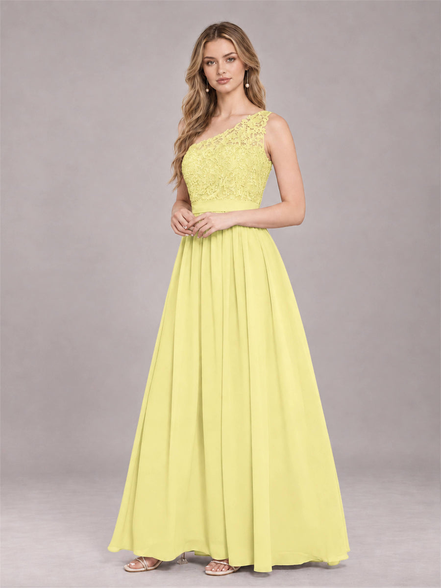 Daffodil Trendy Lace Appliques One Shoulder Chiffon Bridesmaid Dress With Pockets