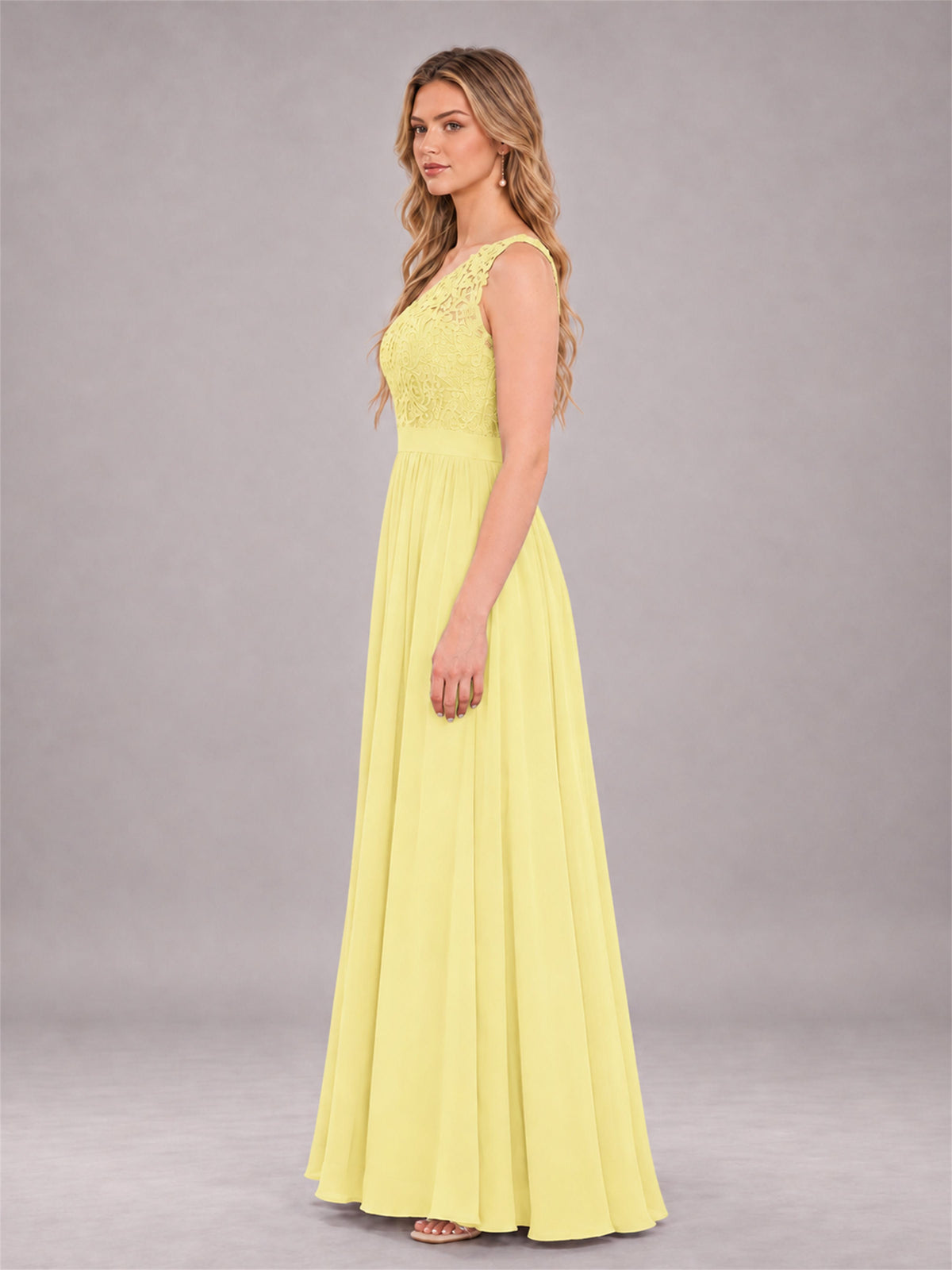Daffodil Trendy Lace Appliques One Shoulder Chiffon Bridesmaid Dress With Pockets