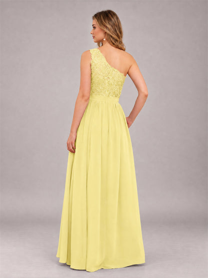 Daffodil Trendy Lace Appliques One Shoulder Chiffon Bridesmaid Dress With Pockets