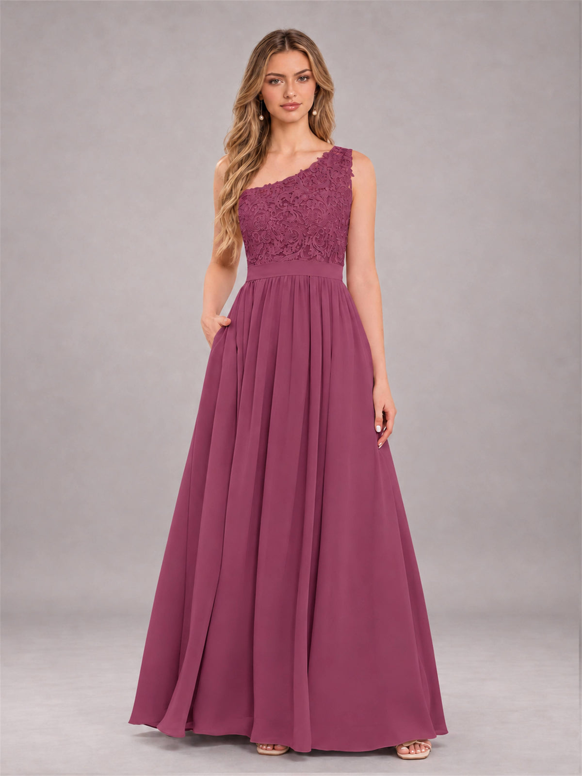 Desert Rose Trendy Lace Appliques One Shoulder Chiffon Bridesmaid Dress With Pockets