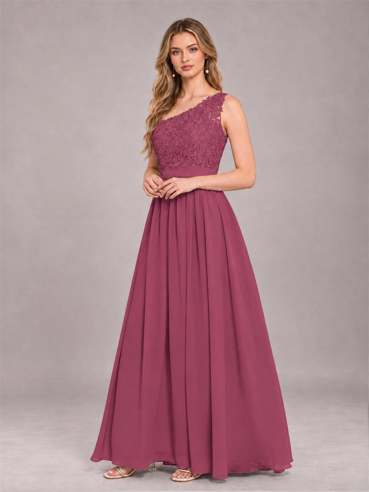 Desert Rose Trendy Lace Appliques One Shoulder Chiffon Bridesmaid Dress With Pockets