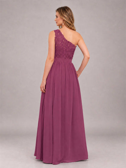 Desert Rose Trendy Lace Appliques One Shoulder Chiffon Bridesmaid Dress With Pockets